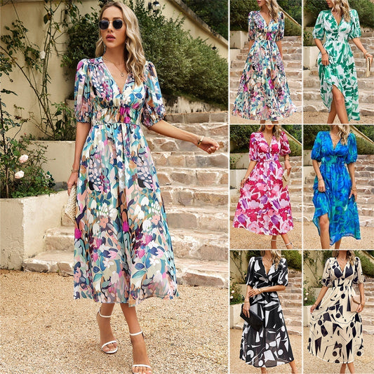 🥳Elegant waist V-neck Floral Printed Dress（50% OFF）