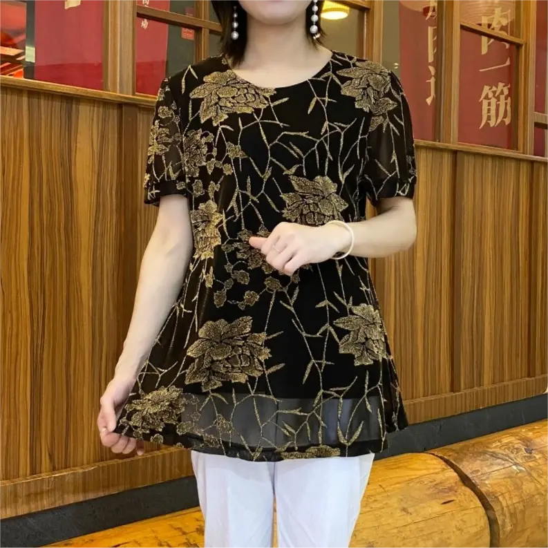 2024 fashionable floral chiffon shirt with embroidered flowers