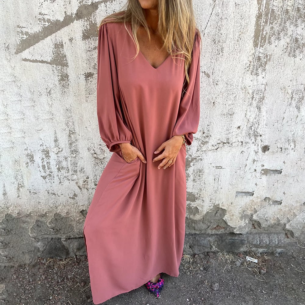 🔥Hot Sale 49% OFF🔥V-neck Solid Color Lantern Sleeve Dress