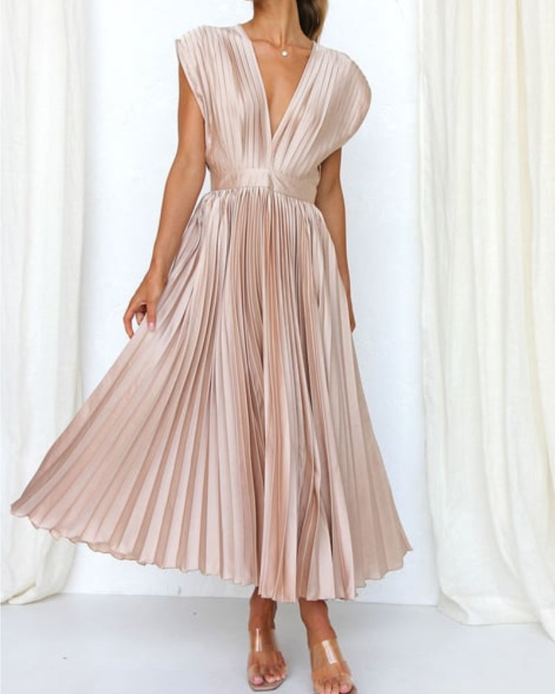 💃Timeless Elegance: Draped V-Neck Pleated Skirt Dress