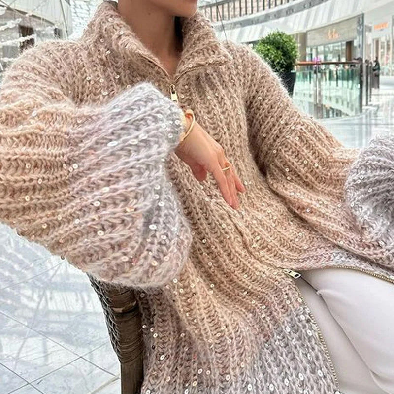 Knitted Sweater Jacket With Monochromatic Sequins