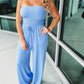 Off Shoulder Solid Color Smocked Jumpsuit