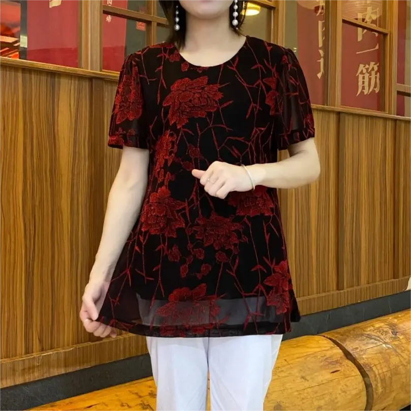 2024 fashionable floral chiffon shirt with embroidered flowers