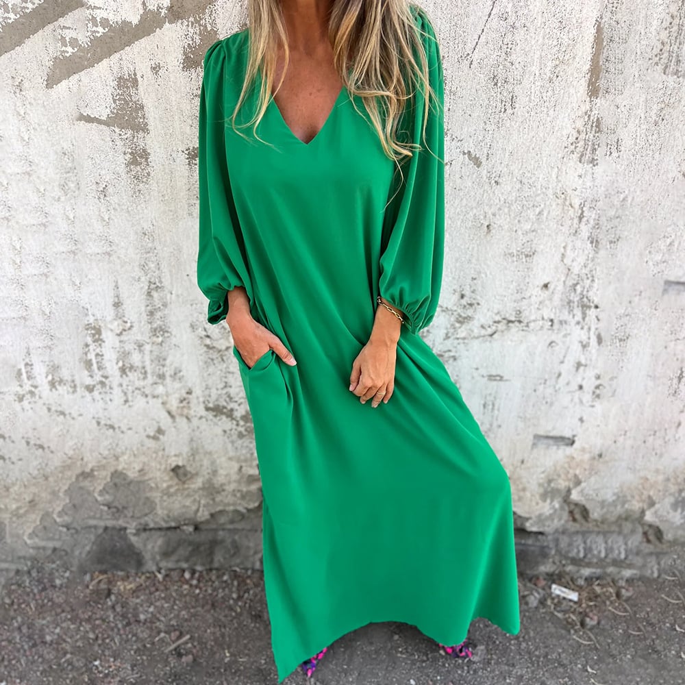 🔥Hot Sale 49% OFF🔥V-neck Solid Color Lantern Sleeve Dress