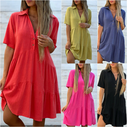 🔥BUY 2 GET 5% OFF💝Solid color comfort lapel button dress