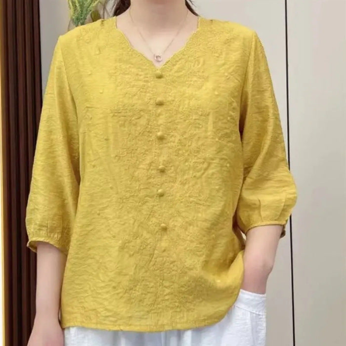 👚2024 retro embroidered linen V-neck loose top （50% OFF）