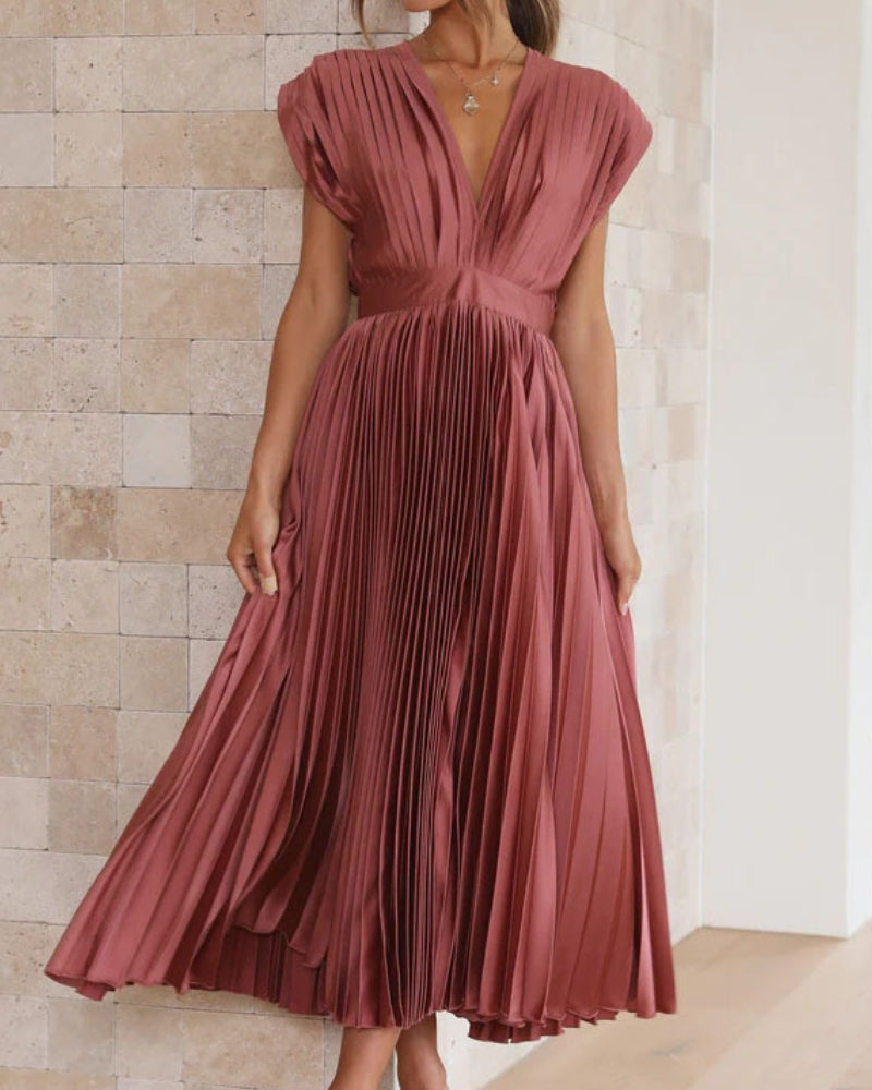 💃Timeless Elegance: Draped V-Neck Pleated Skirt Dress