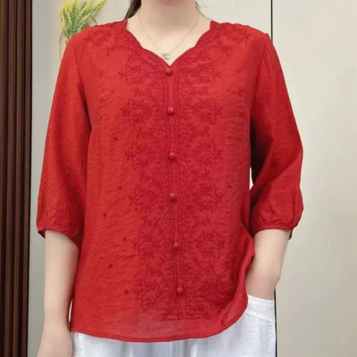 👚2024 retro embroidered linen V-neck loose top （50% OFF）