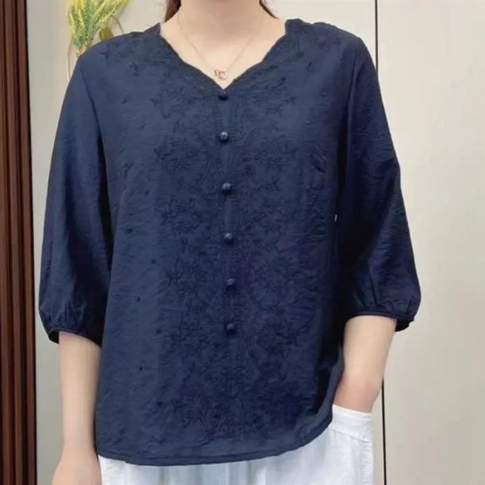 👚2024 retro embroidered linen V-neck loose top （50% OFF）