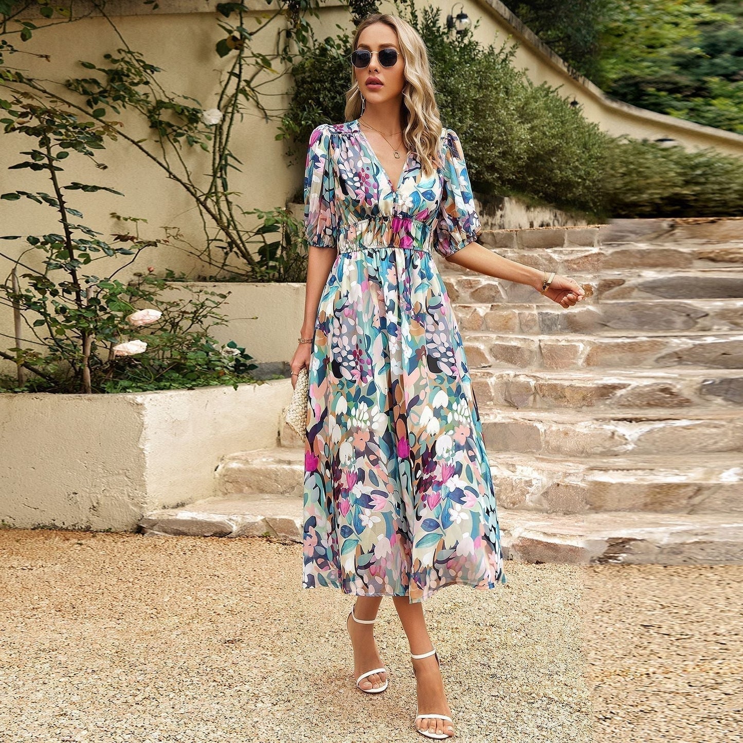 🥳Elegant waist V-neck Floral Printed Dress（50% OFF）