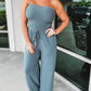 Off Shoulder Solid Color Smocked Jumpsuit