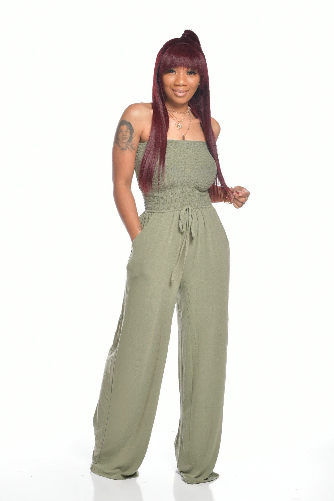 Off Shoulder Solid Color Smocked Jumpsuit