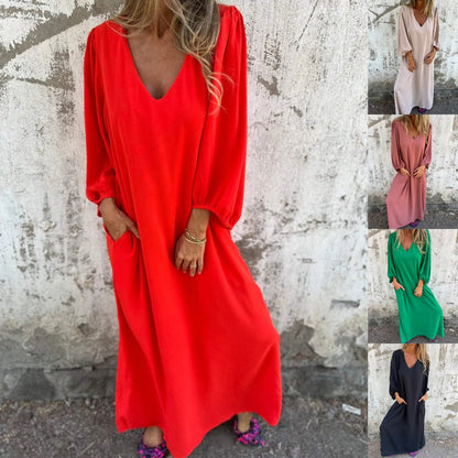 🔥Hot Sale 49% OFF🔥V-neck Solid Color Lantern Sleeve Dress