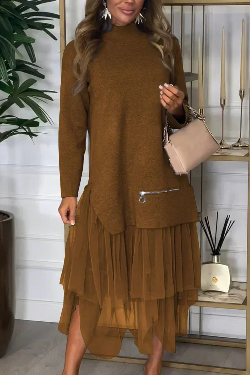 🎅Christmas Specials 50% OFF🎁Women's Casual Solid Color Mesh Patchwork Dress