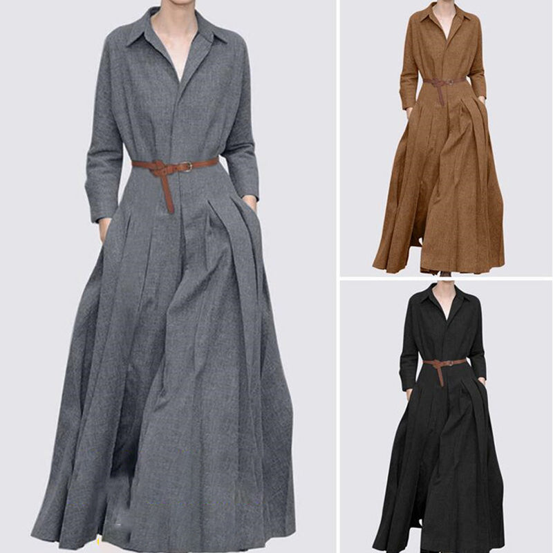 Retro Super Long Solid Color Shirt Dress