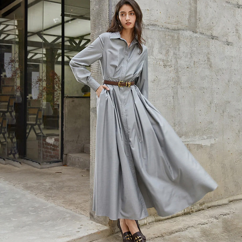 Retro Super Long Solid Color Shirt Dress