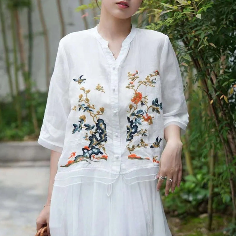 Women's Loose Fit Embroidered Button Down Top