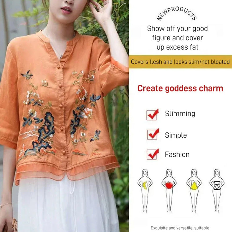 Women's Loose Fit Embroidered Button Down Top