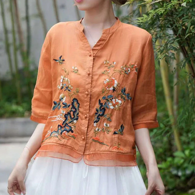 Women's Loose Fit Embroidered Button Down Top