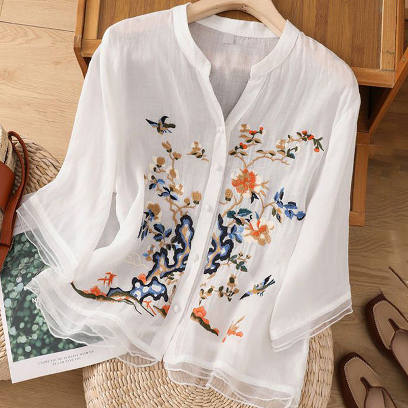 Women's Loose Fit Embroidered Button Down Top