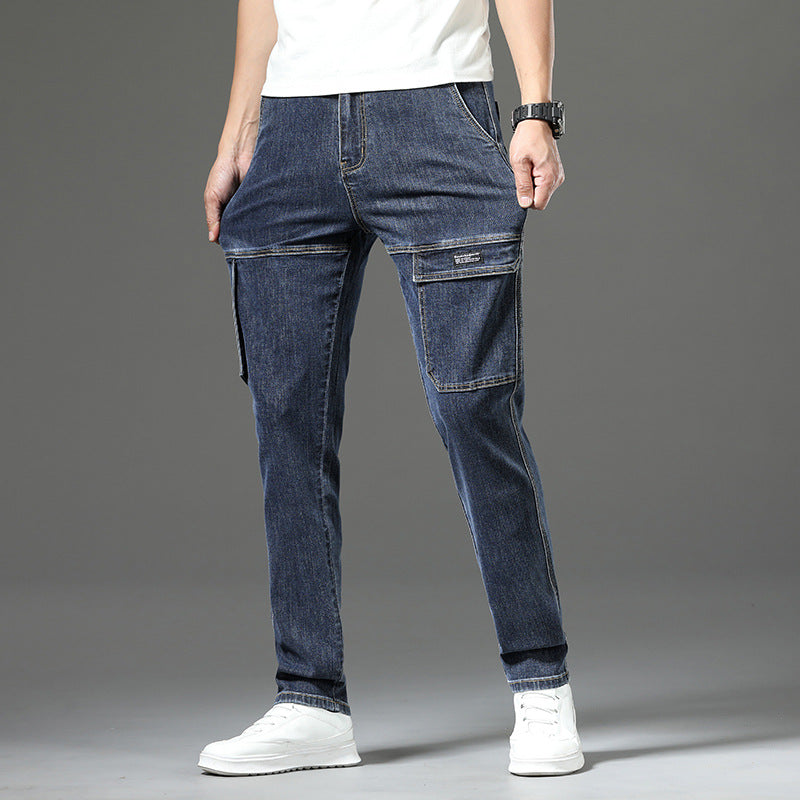 Men's Stretch Straight Leg Vintage Jeans with Multiple Pockets