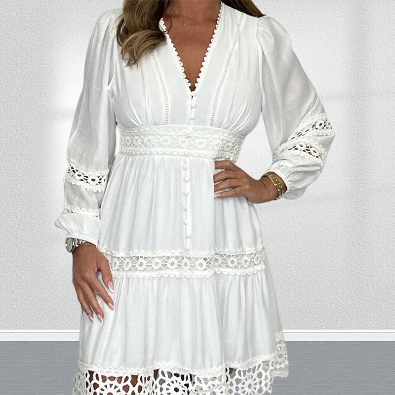 Women's White Vintage Hollow Out Lace V-Neck Dress（50% OFF）