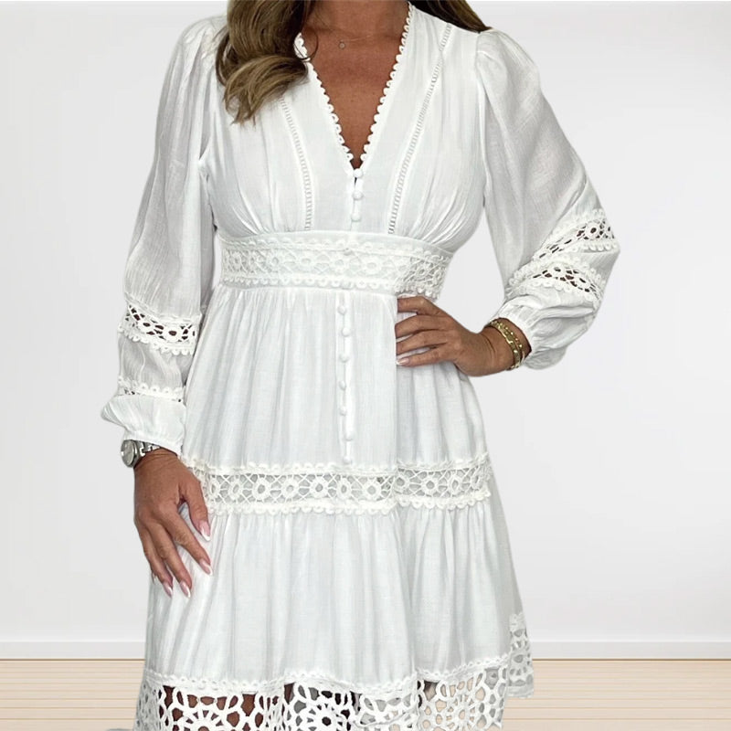 Women's White Vintage Hollow Out Lace V-Neck Dress（50% OFF）