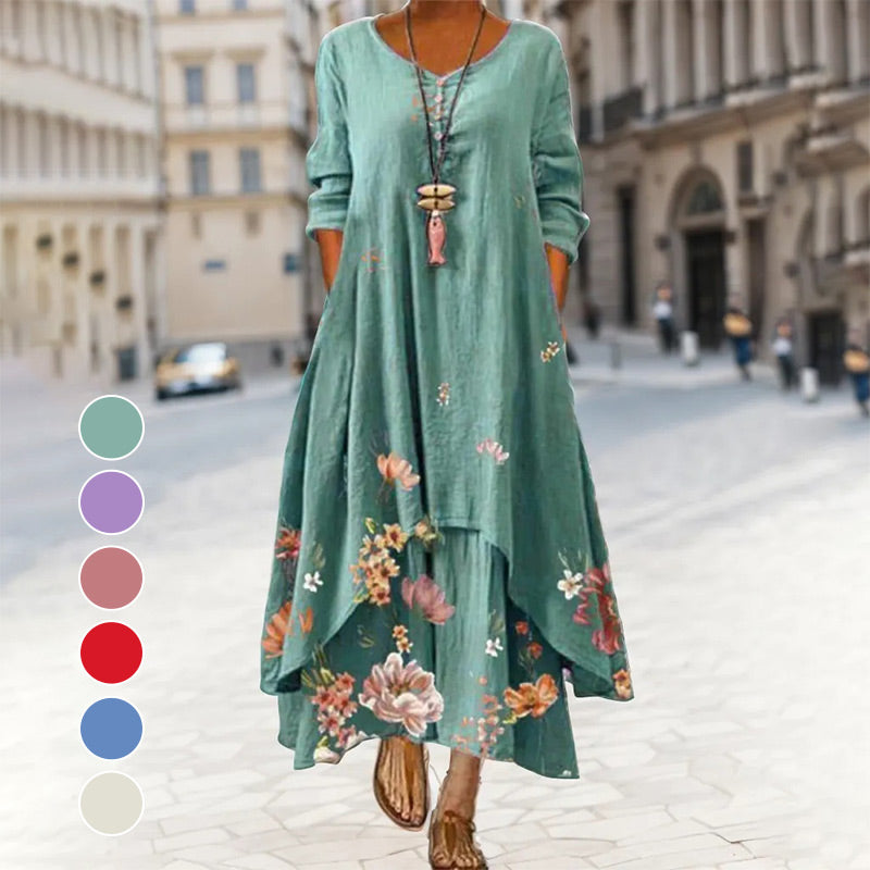 Women's Floral Printed Long Sleeves Flowy Maxi Dress with Irregular Hem