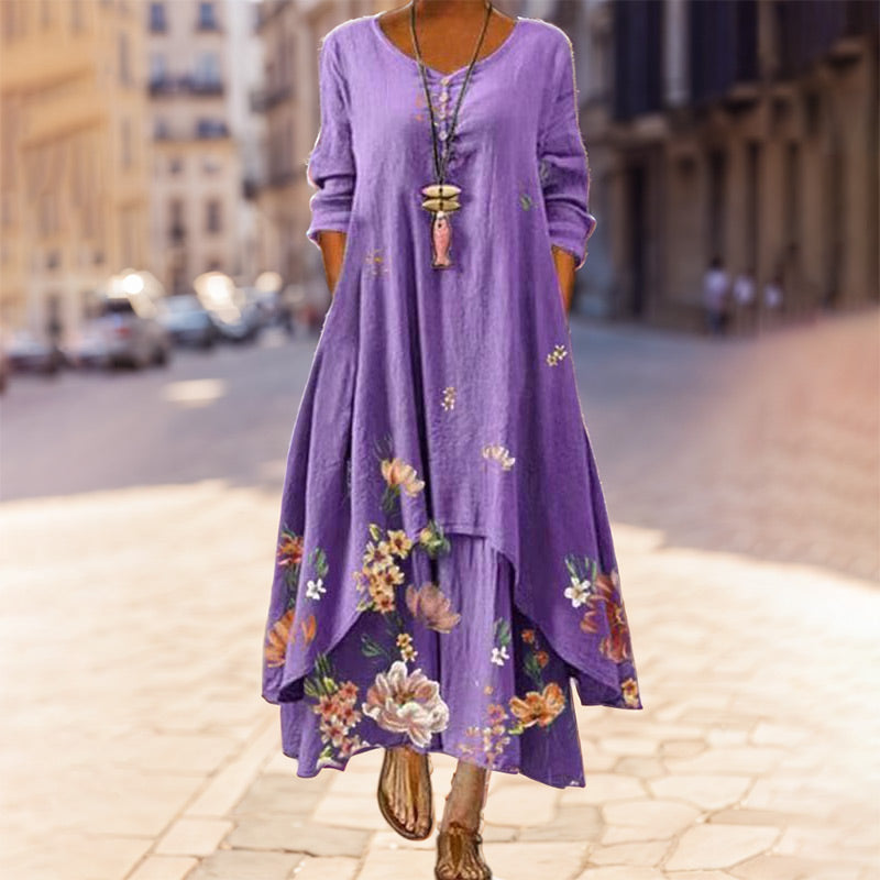 Women's Floral Printed Long Sleeves Flowy Maxi Dress with Irregular Hem