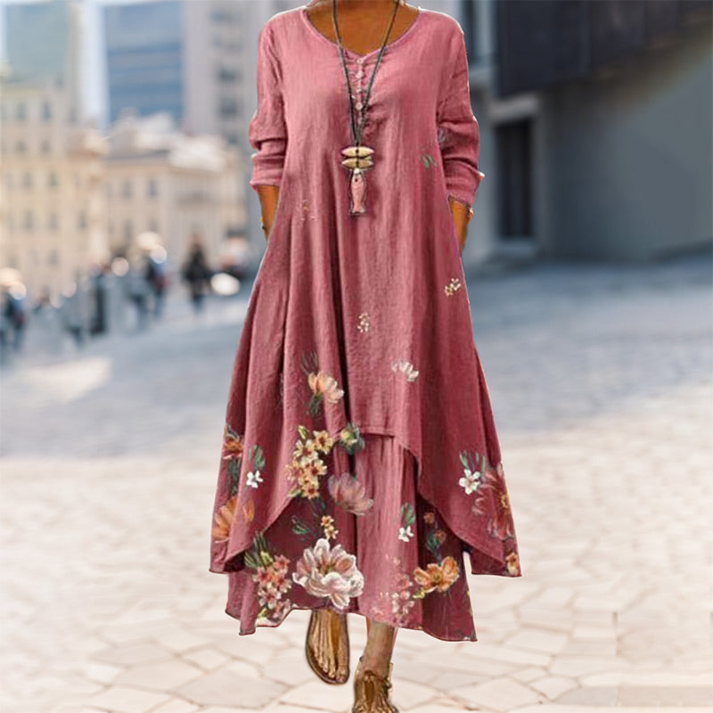 Women's Floral Printed Long Sleeves Flowy Maxi Dress with Irregular Hem