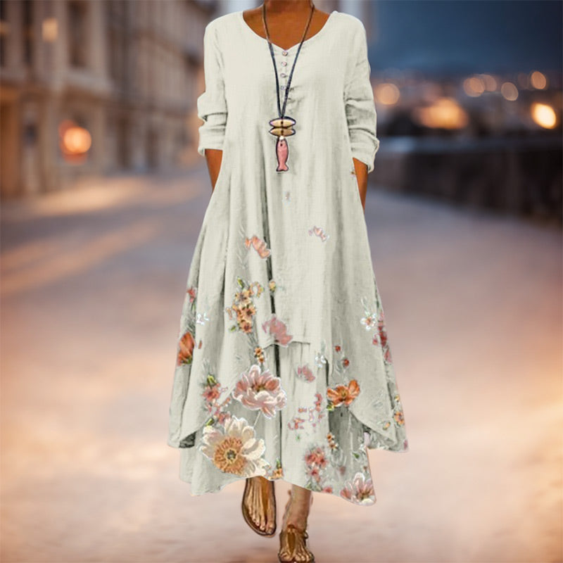 Women's Floral Printed Long Sleeves Flowy Maxi Dress with Irregular Hem