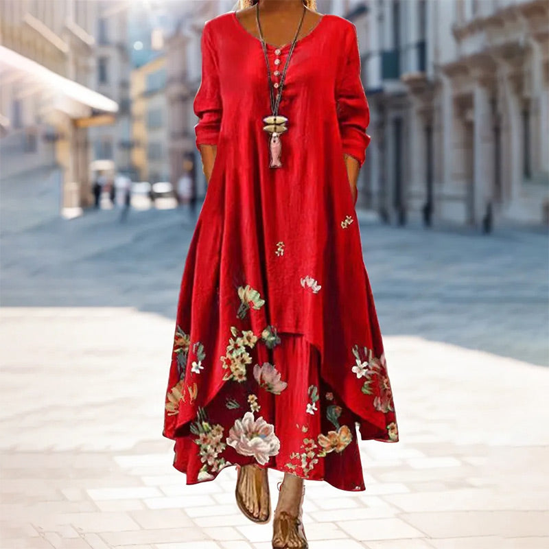 Women's Floral Printed Long Sleeves Flowy Maxi Dress with Irregular Hem