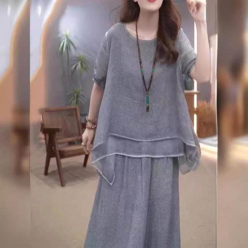 Women's Elegant Solid Color Loose Cotton Linen 2-Piece Set