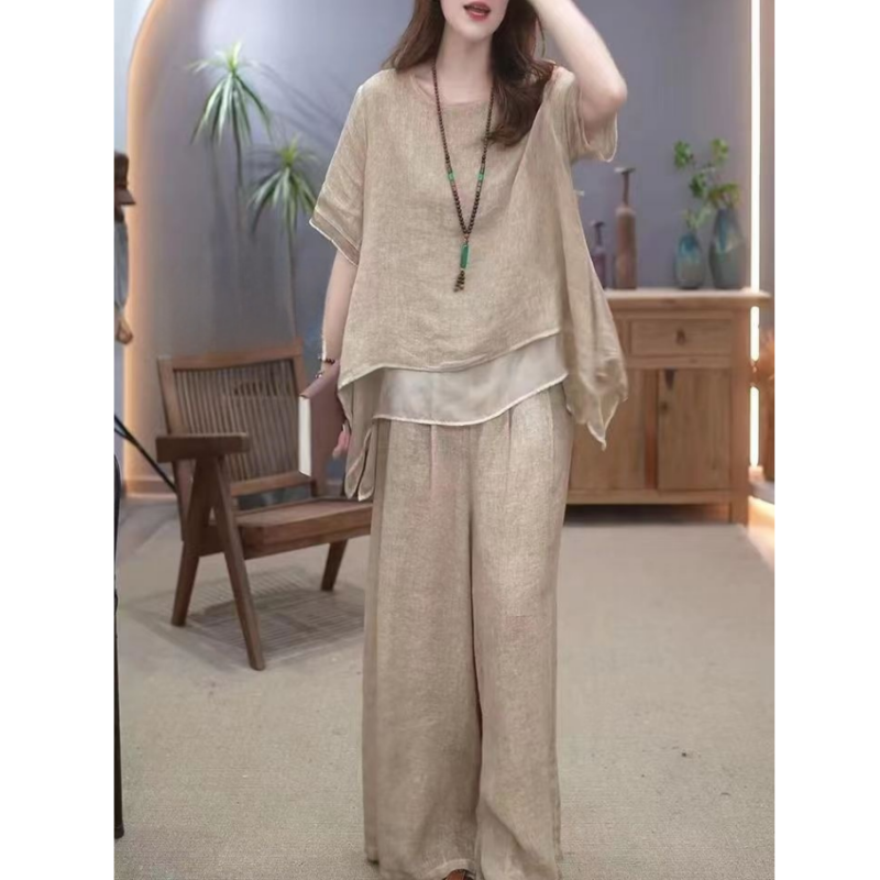 Women's Elegant Solid Color Loose Cotton Linen 2-Piece Set