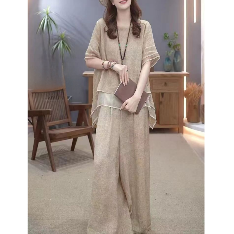 Women's Elegant Solid Color Loose Cotton Linen 2-Piece Set