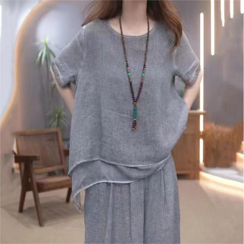 Women's Elegant Solid Color Loose Cotton Linen 2-Piece Set