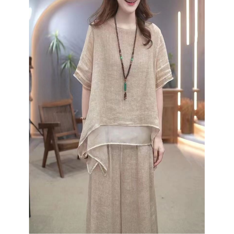 Women's Elegant Solid Color Loose Cotton Linen 2-Piece Set