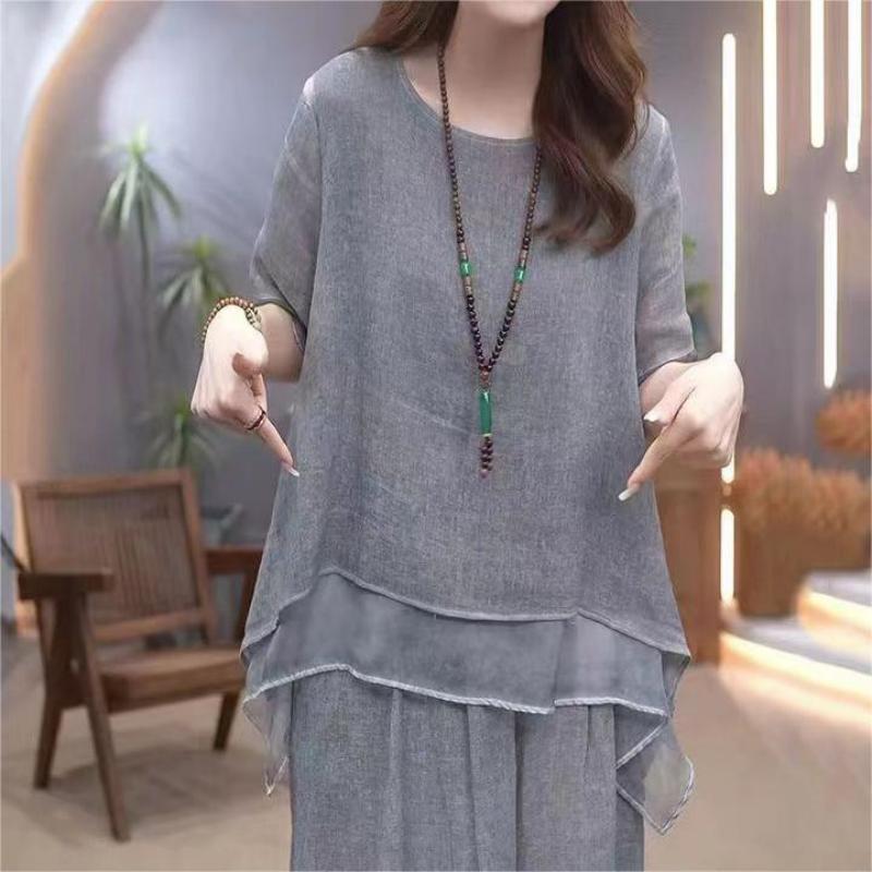 Women's Elegant Solid Color Loose Cotton Linen 2-Piece Set