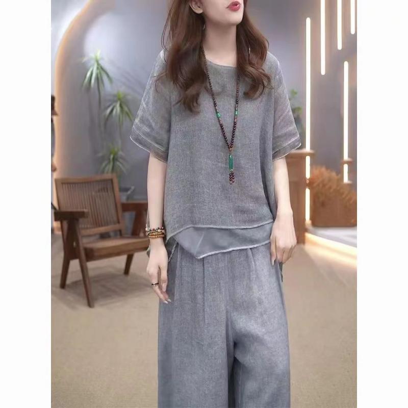 Women's Elegant Solid Color Loose Cotton Linen 2-Piece Set