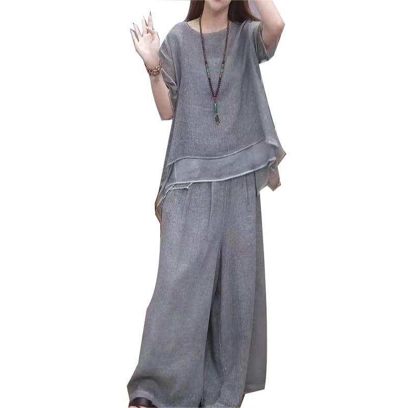 Women's Elegant Solid Color Loose Cotton Linen 2-Piece Set