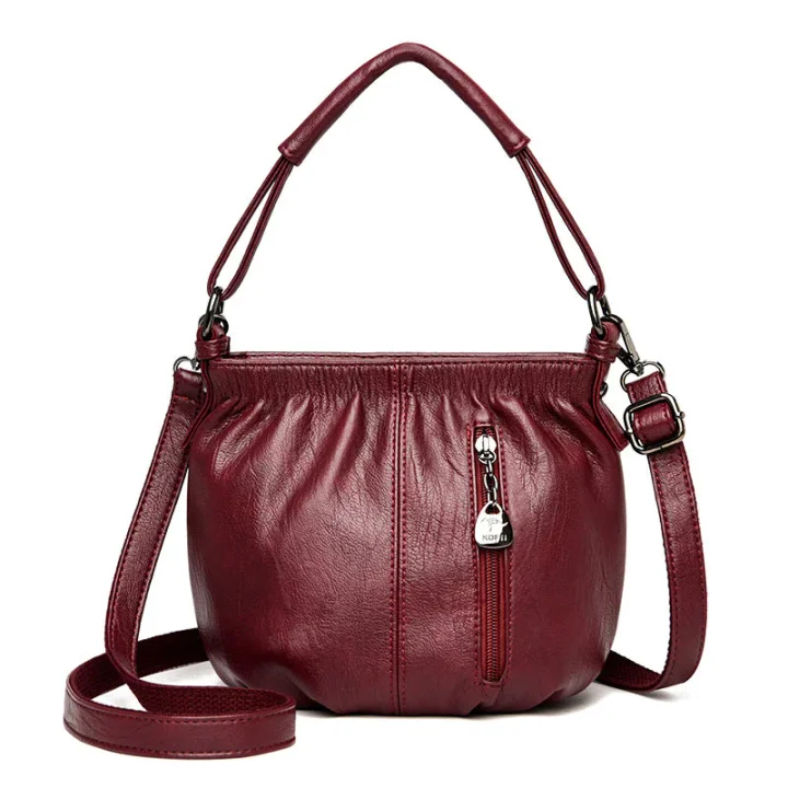 Fashion Simple Casual Pleated Bucket Soft Leather Handbag Shoulder Bag