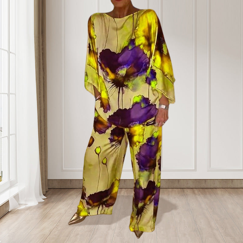 Stylish Watercolor Floral Print Loose 2-Piece Suit for Plus Size Women