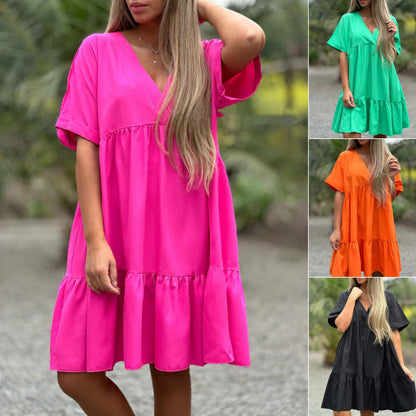 V Neck Ruffle Hem Babydoll Dress