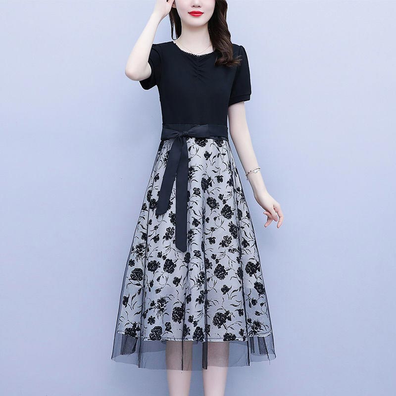 Women's Black Short-sleeve Patchwork Mesh Dress