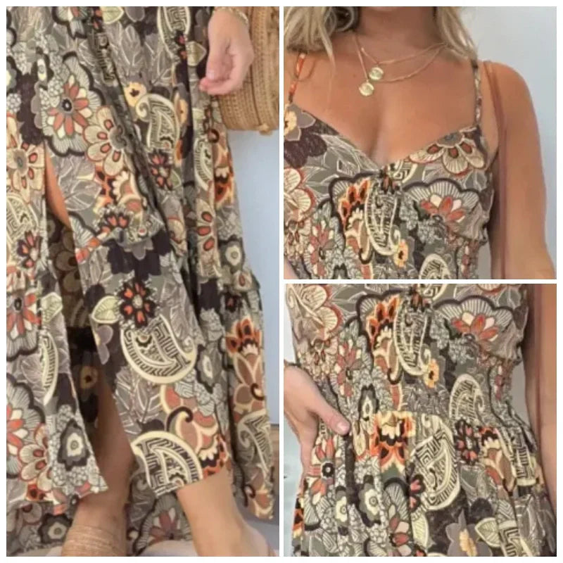 💥Limit Time 50% OFF 💕Women’s Sexy Spaghetti Strap Floral Print Long Dress