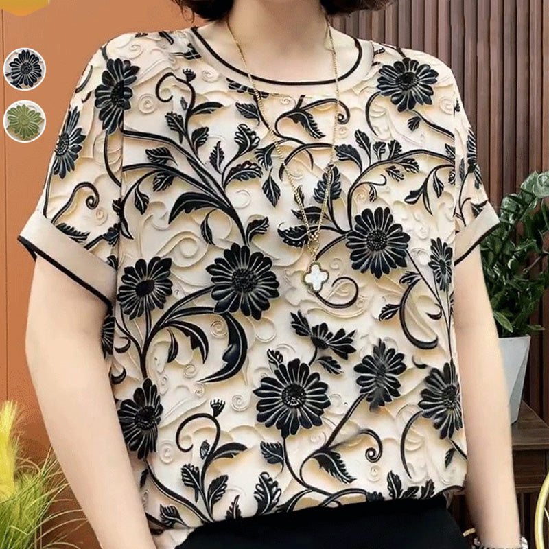 Elegant 3D Floral Round Neck Short Sleeve Top