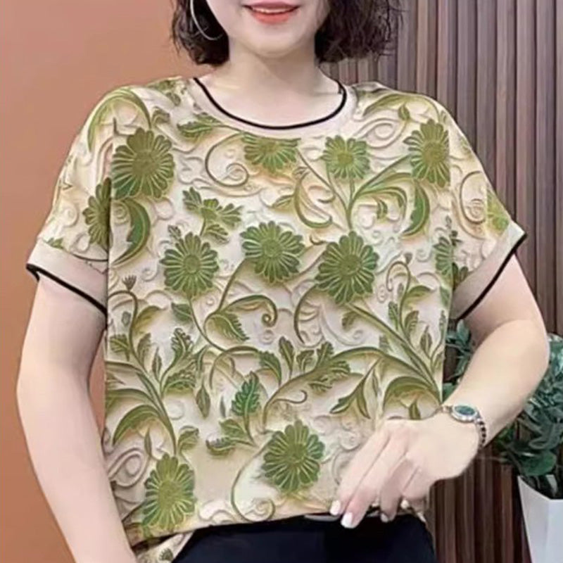 Elegant 3D Floral Round Neck Short Sleeve Top