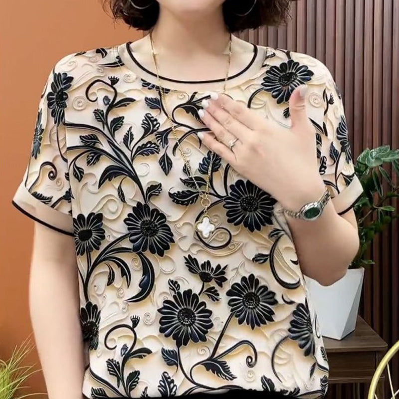 Elegant 3D Floral Round Neck Short Sleeve Top