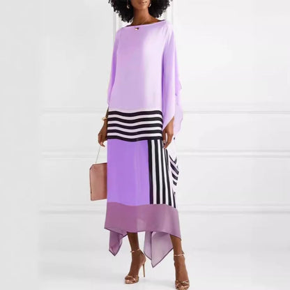 Women's Striped Off-Shoulder Long Dress with Irregular Hem