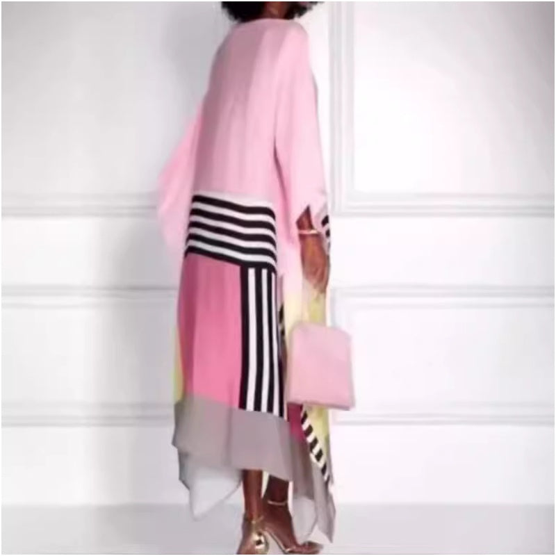 Women's Striped Off-Shoulder Long Dress with Irregular Hem